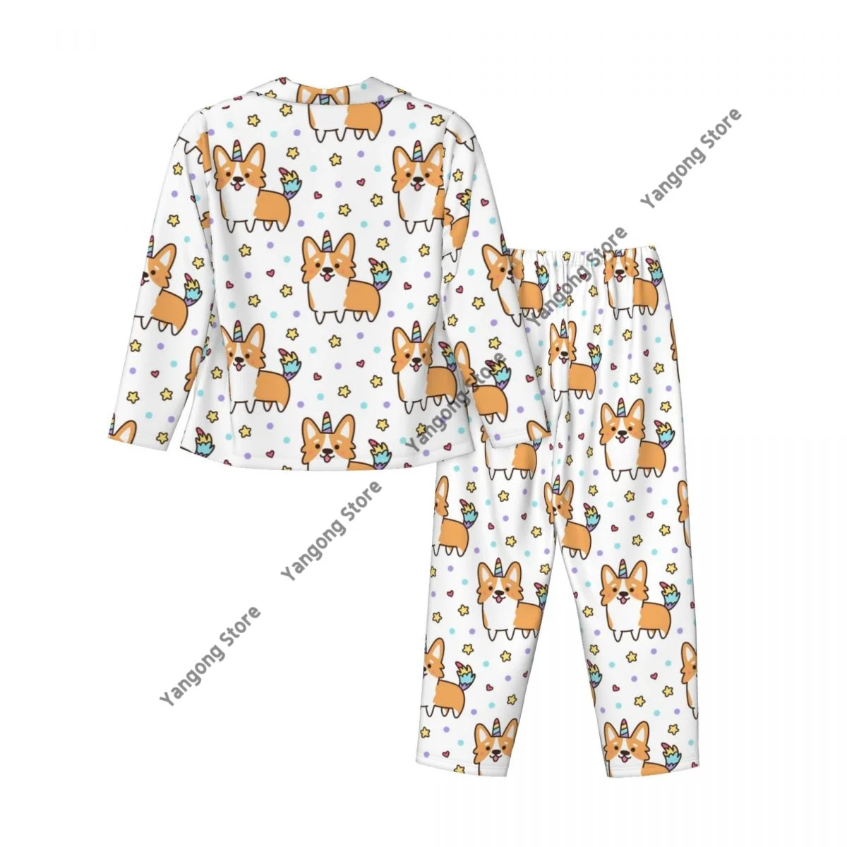 Einhorn-Kostüm, walisischer Corgi-Hornschwanz, Damen-Pyjama, Loungewear, zweiteilige Nachtwäsche, Button-Down-Pyjama-Set mit langen Ärmeln