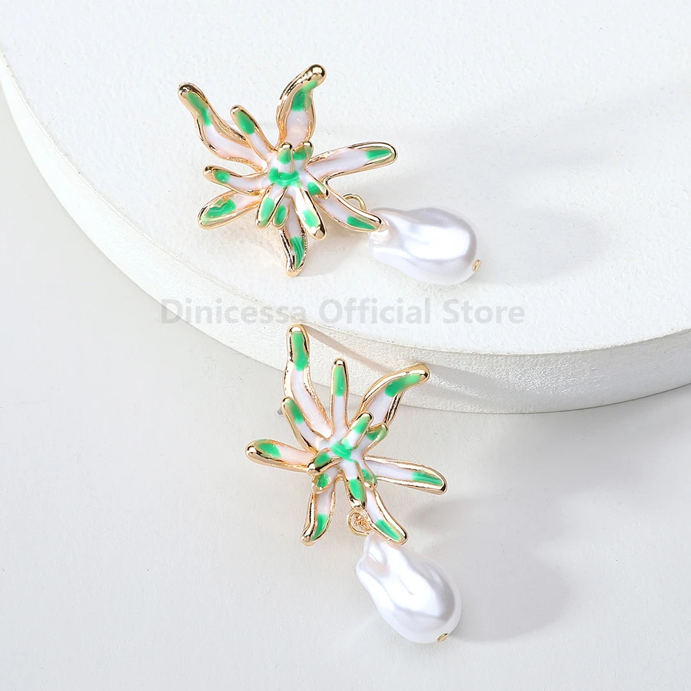 Luxury Simplicity Enamel Metal Flower Imitation Pearl Dangle Earrings For Women Fashion Charming Pendant Jewelry Accessories image 5
