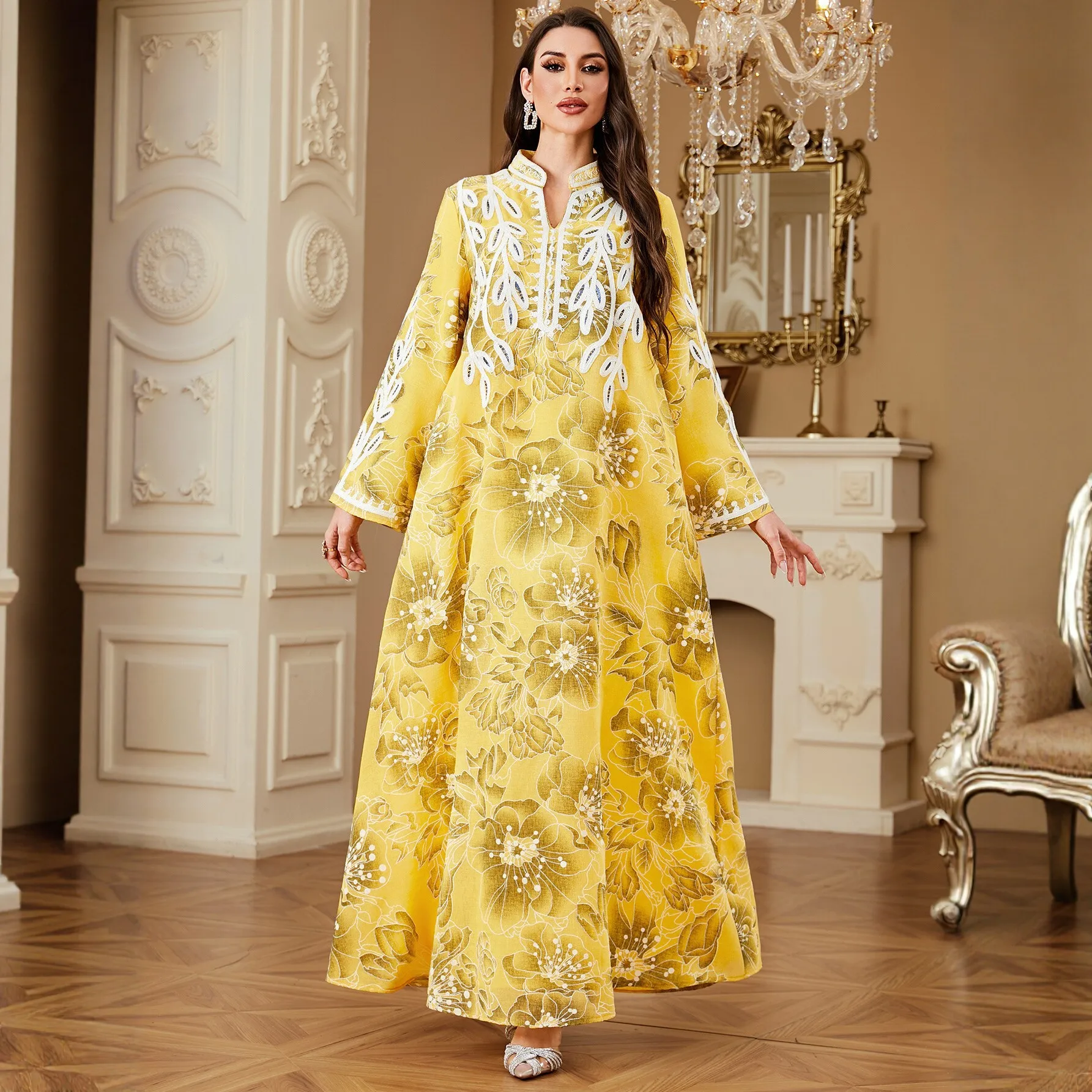 

Muslim Women Embroidery Maxi Dress Dubai Abaya Print Floral Jalabiya Turkey Kaftan Arabic Robe Femme Musulmane Vestidos Caftan
