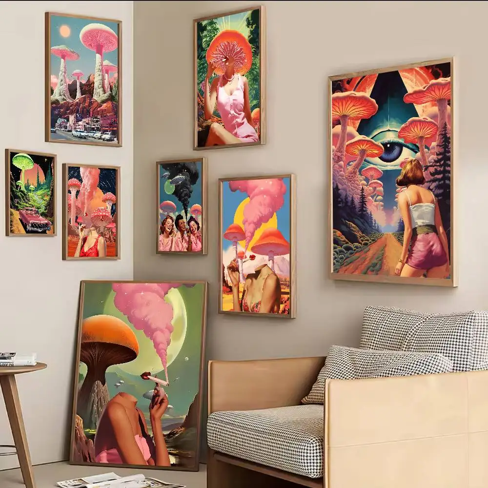 Retro Woman Smoke Surreal Mushroom Psychedelic Anime Posters Sticky HD Quality Wall Art Retro Posters For Home Kawaii Room Decor