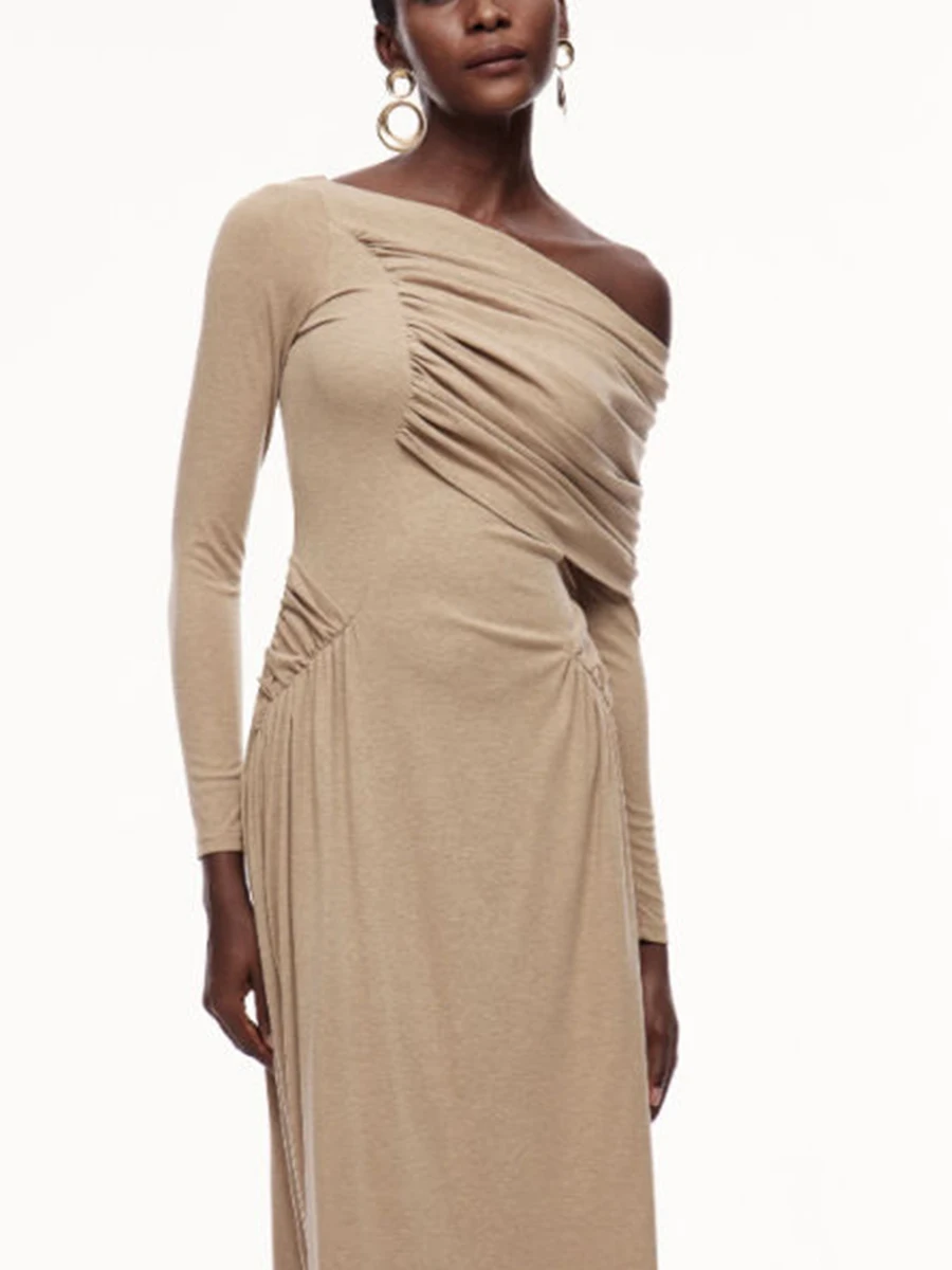 فساتين TWOTWINSTYLE للتخسيس مقسمة غير منتظمة للنساء بياقة قطرية وأكمام طويلة فستان بسيط ملابس نسائية