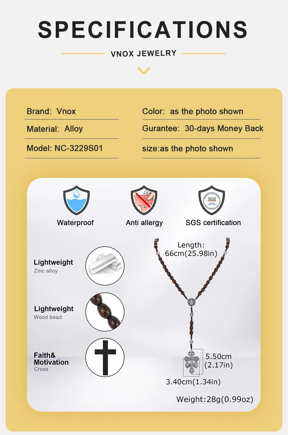 Vnox Herren-Rosenkranz-Halskette, Verzeihungs-Kreuz mit St. Benedikt und Jungfrau Maria, Holzimitierte Achatperlen, Y-förmiger katholischer religiöser Schmuck – Detail 6