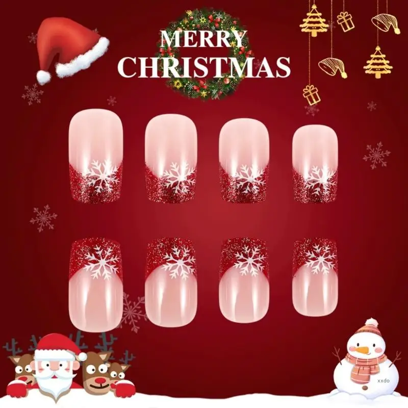 Glittering Snowflake Press on Nail Christmas Acrylic Nail Stick on Nail Manicure Nail Art for Celebrations 24Pcs