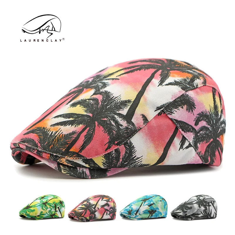 

New Retro Tie-dyed Beret Men's And Women's Beach Coconut Tree Printed Duck Tongue Advance Hats Casual All-matching