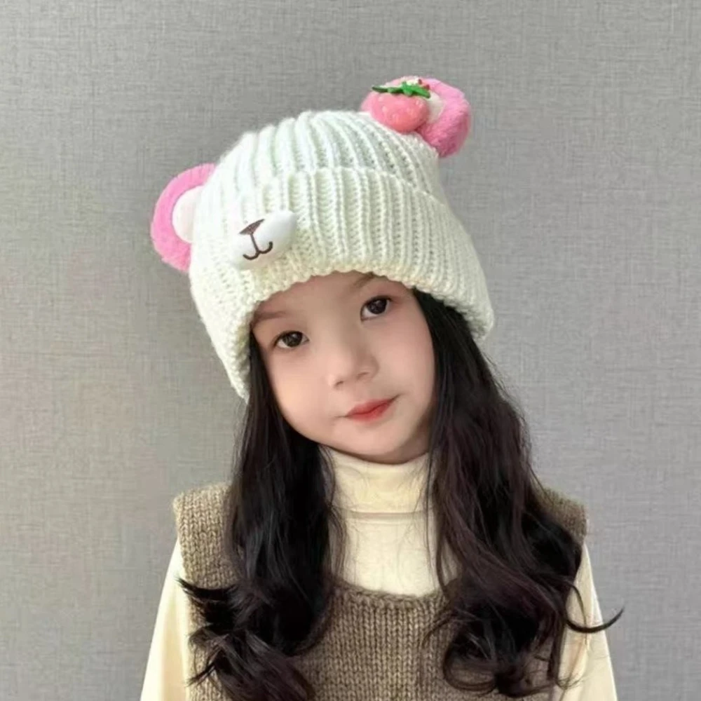 قبعة شتوية للفتيات الصغيرات - زخارف أذن الدب الكرتوني، غطاء رأس ناعم ودافئ، فستان هدايا عيد الميلاد #3