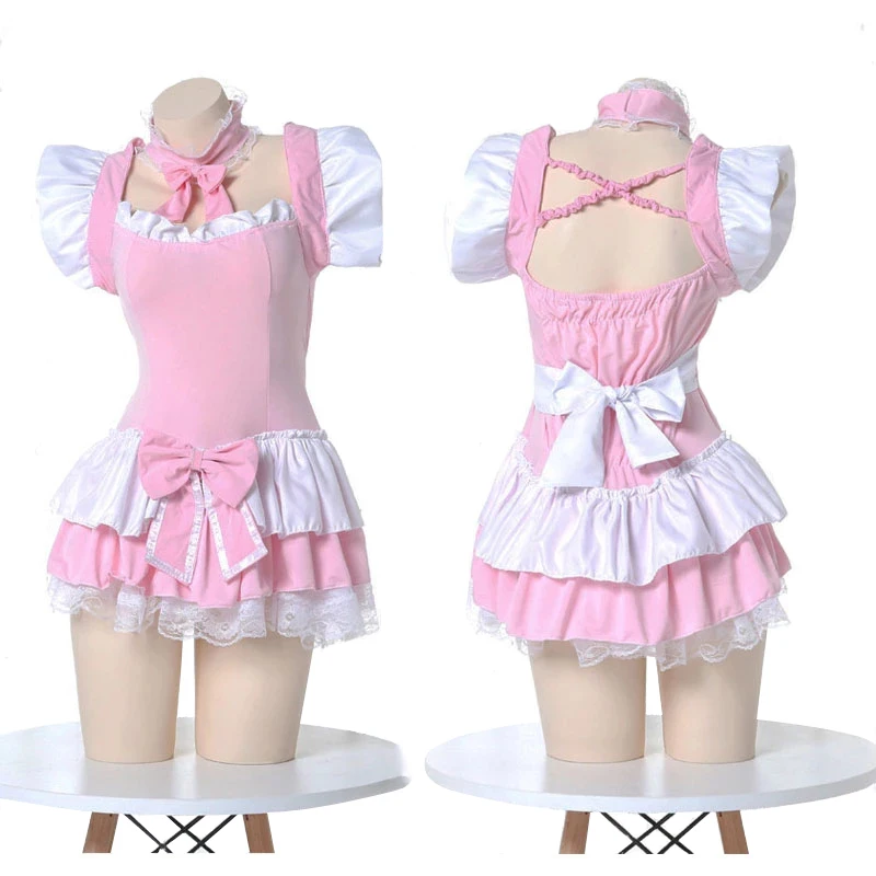 Słodka różowa sukienka Lolita stroje pokojówki Kawaii służąca pokojówka kostiumy body do odgrywania ról jednolite kobiety seksowna koszula nocna bielizna