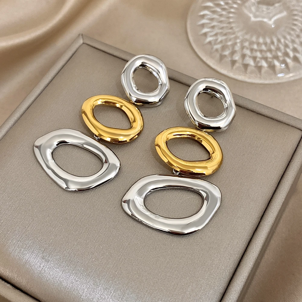 Greatera Geometrische geschichtete, farbblockierende Tropfenohrringe aus Edelstahl, hohles Design, wasserdicht, einfache Damen-Ohr-Accessoires