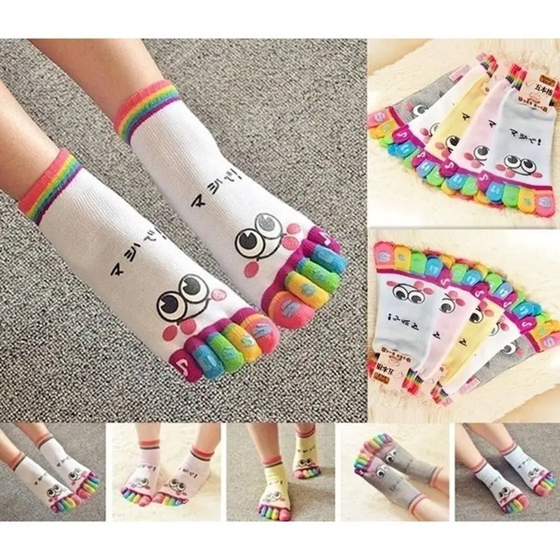 Women Five Toe Socks Cotton Cartoon Bear Smiley Crew Socks Breathable Casual Short Socks Lovely Daily Footwear