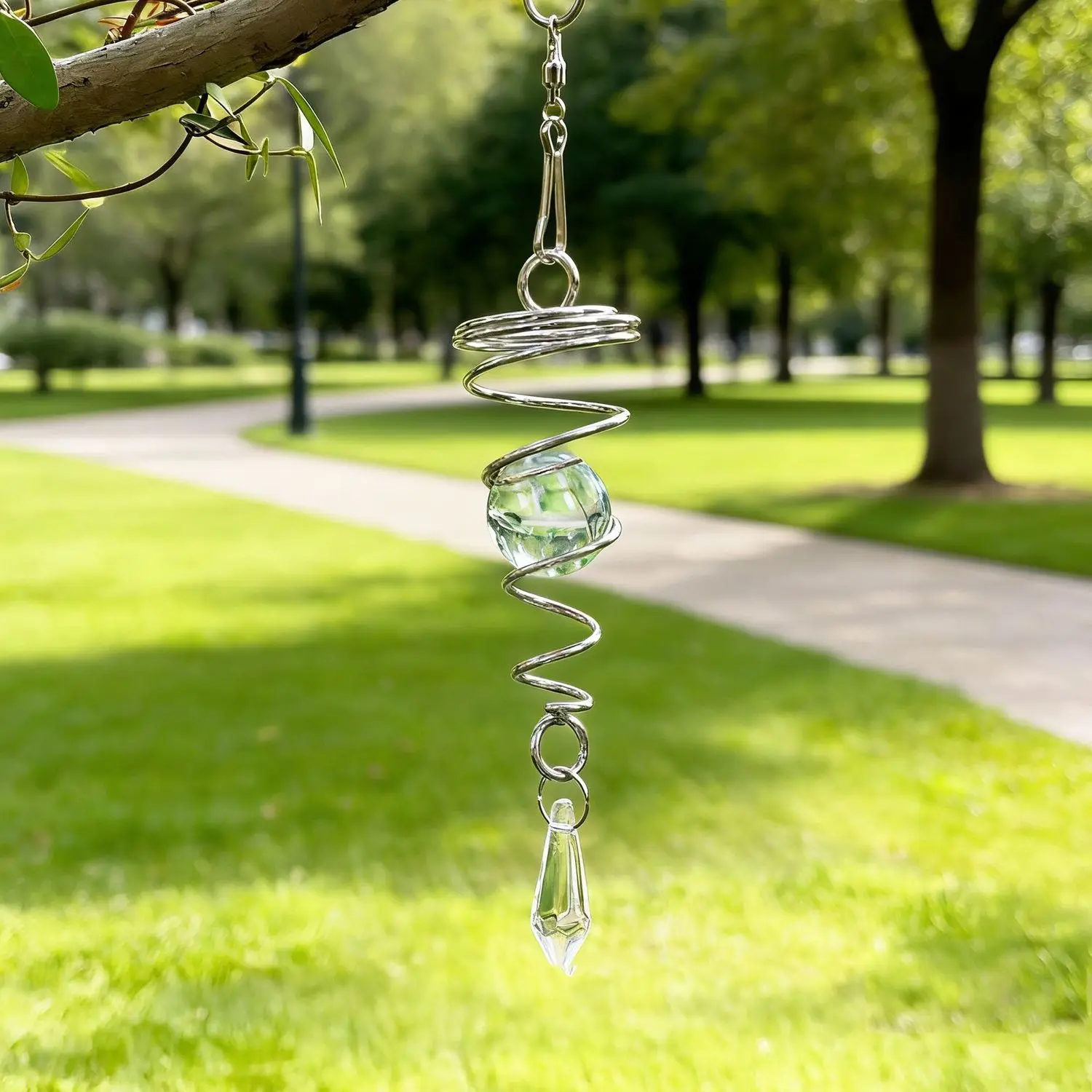 Spiral Silver Metal Wind Chime With Clear Crystal Ball Prism Hanging Suncatcher For Yard Patio Garden Home Decor
