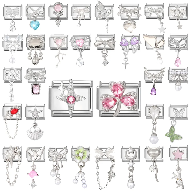 Fashion Stainless Steel Clover Stars Bowknot Zircon Pendant Italian Bead Fit 9mm Charm Bracelet Jewelry Diy Making Birthday Gift