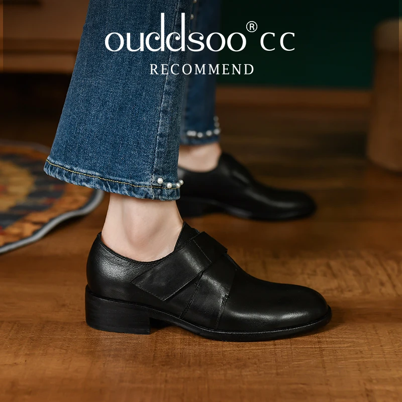 

Ods Round Toe Women's Shoes Black Leather Shoes British Style Low Heel and Soft Sole Soft Leather Fashionable Handmade Women's