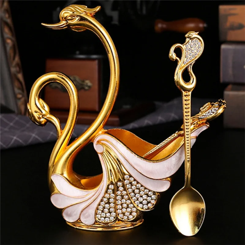 ABLL-Dekorativer Kaffeelöffelhalter aus Metall mit Schwanensockel und 6-teiligem Löffel-Set, Kaffee- und Teelöffel-Set mit Halter, Geschirr-Aufbewahrung