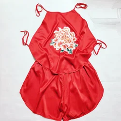 Chinese Traditional Fortune Clothes Red Peony Embroidery Dudou Top & Short Pajama Set Wedding Appointment Honeymoon Undergarment