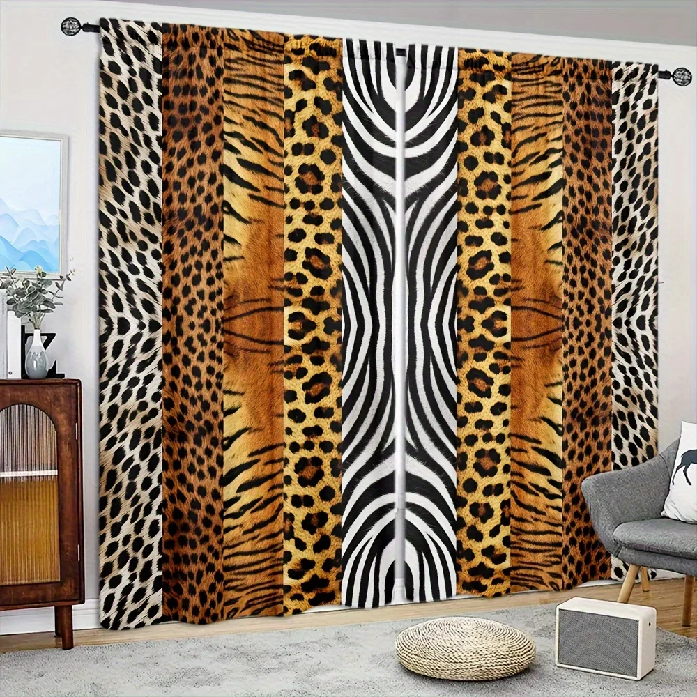 2pcs Animal Print Curtains Leopard Zebra Tiger Skin Patchwork Drape Fashion Window Treatment Wild Style Living Room Decor