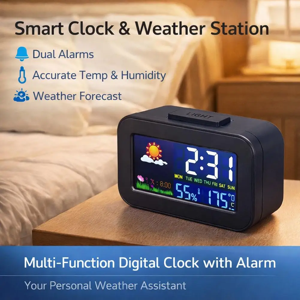 Weather Station Clock With Color Display, Temp & Humidity Monitor Backlit For Kids & Teens Perfect For Bedroom/Dorm Desk