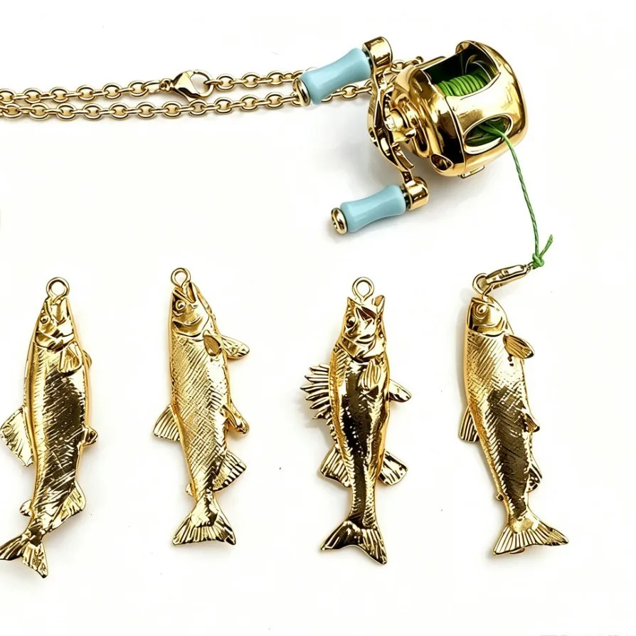 New Mini Gold‑Tone Fishing Reel Pendant Necklace Creative Fishing Enthusiast Charm Necklace Unisex Fashion Outdoor Hobby Gift
