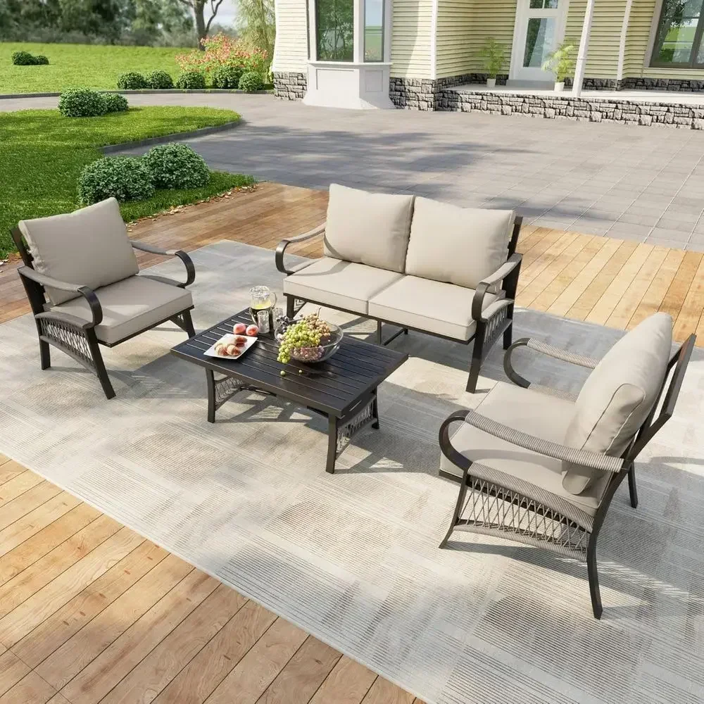 4-Piece Metal Outdoor Patio Furniture Set with Coffee Table, Includes Couch, Loveseat, and Chairs with Thick Beige Cushions