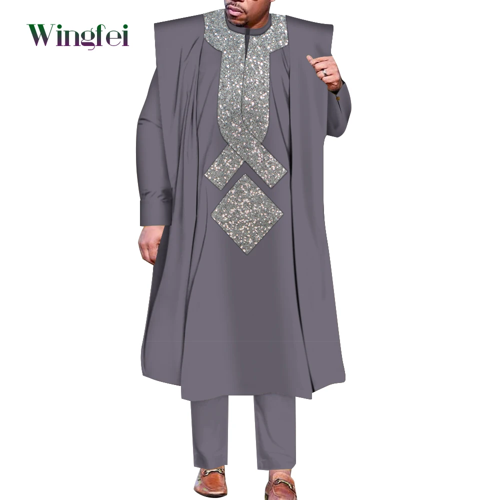 African Men Boubou Dashiki Agbada Robe Suits 3 Piece Sets Slim Men African Outfit Nigerian Clothes Bazin Riche Robe WYN1361