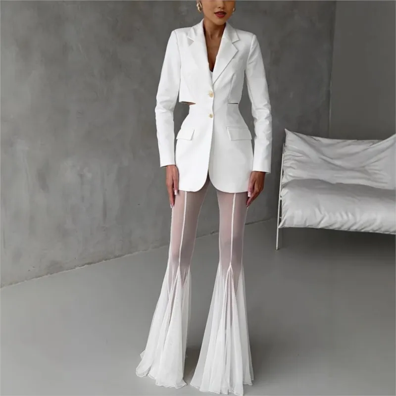 Pantalon évasé en maille transparente pour femmes, blanc/noir, taille haute, jambes longues, coupe cintrée, Chic, décontracté, Perspective, mode pour dames