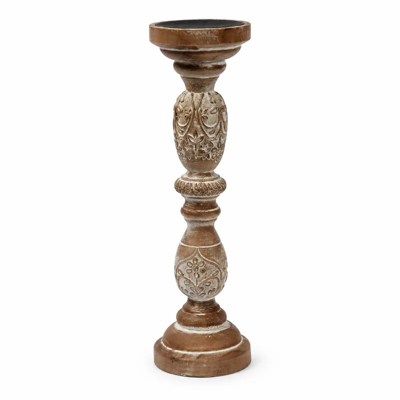 Vintage Wooden Candle Holder 37cm Tall Hand Carved Distressed Pillar Candlestick Farmhouse Table Wedding Home Decor Centerpieces