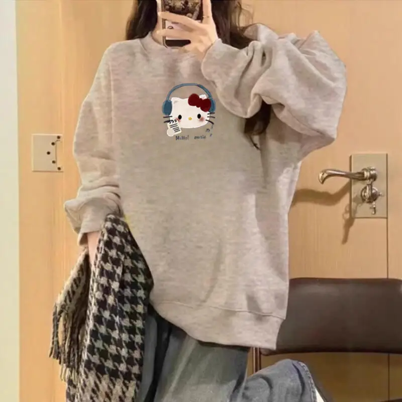 Miniso جديد لطيف الكرتون مرحبا كيتي طباعة سترات قطنية عالية الجودة للنساء الخريف الشتاء طويلة الأكمام البلوز عادية للجنسين Y2K القمم #3