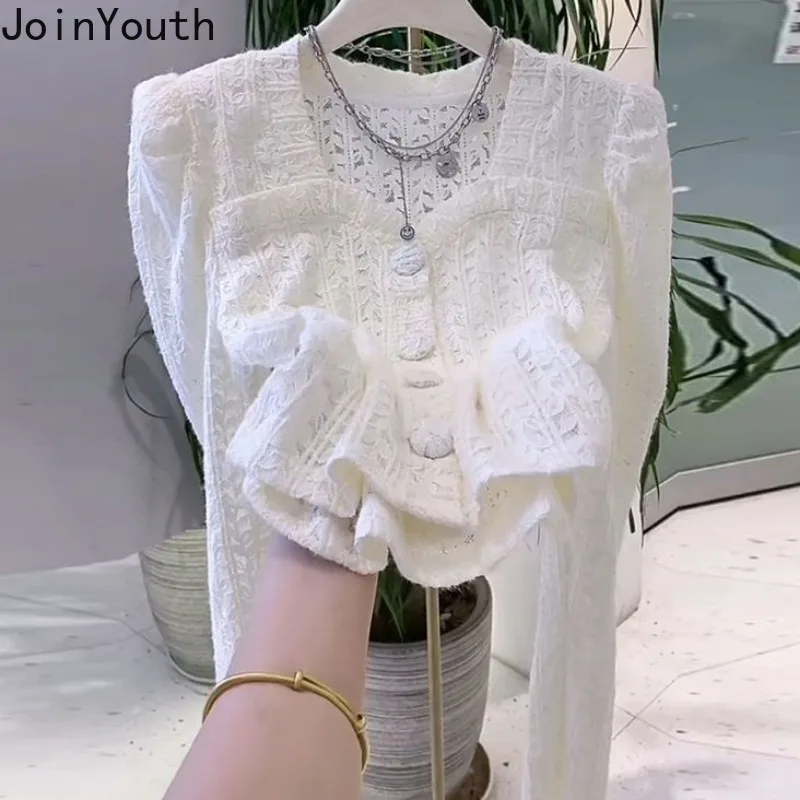 Solid Color Square Collar Tunic Blouses Women Clothing Lace Puff Sleeve Crop Tops 2024 Camisas De Mujer Hollow Out Shirt Blouse