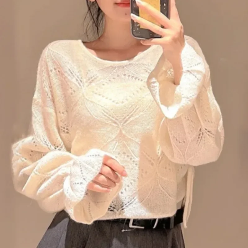 O-neck Flare Sleeve Sweet Pullovers Lace Up Hollow Out Loose Casual Soft Sweaters Women 2024 Autumn New Japanese Jumpers Top