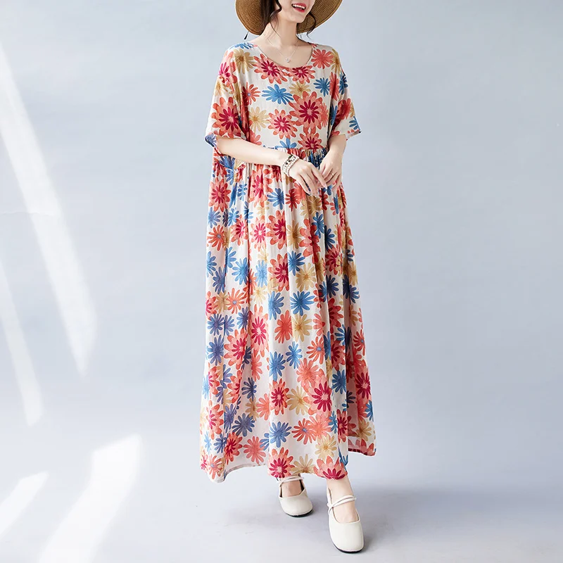 # 6561 zomer vintage bloemen bedrukte lange jurk korte mouw enkellange losse dunne o-hals retro hoog getailleerde vestidos zakken