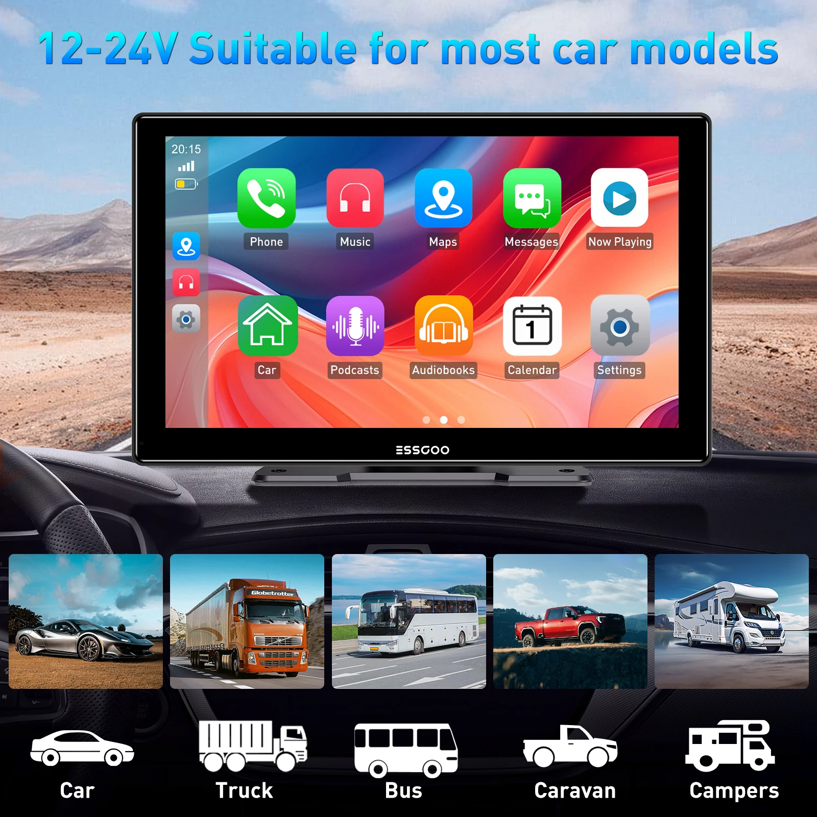 ESSGOO 9" Kabelloses Tragbares Carplay Android Auto IPS Touchscreen Universelles Autoradio mit Mirror Link, AUX, FM, USB, Bluetooth 5.3 für LKWs, Wohnmobile und Pickups