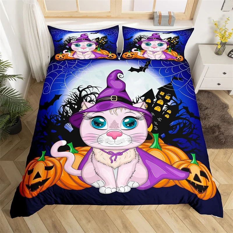 

Cute Halloween Cat Duvet Cover Mystery Castle Bedding Set For Kids Teen Microfiber Misty Forest Bat Quilt Cover Queen Bedclothes