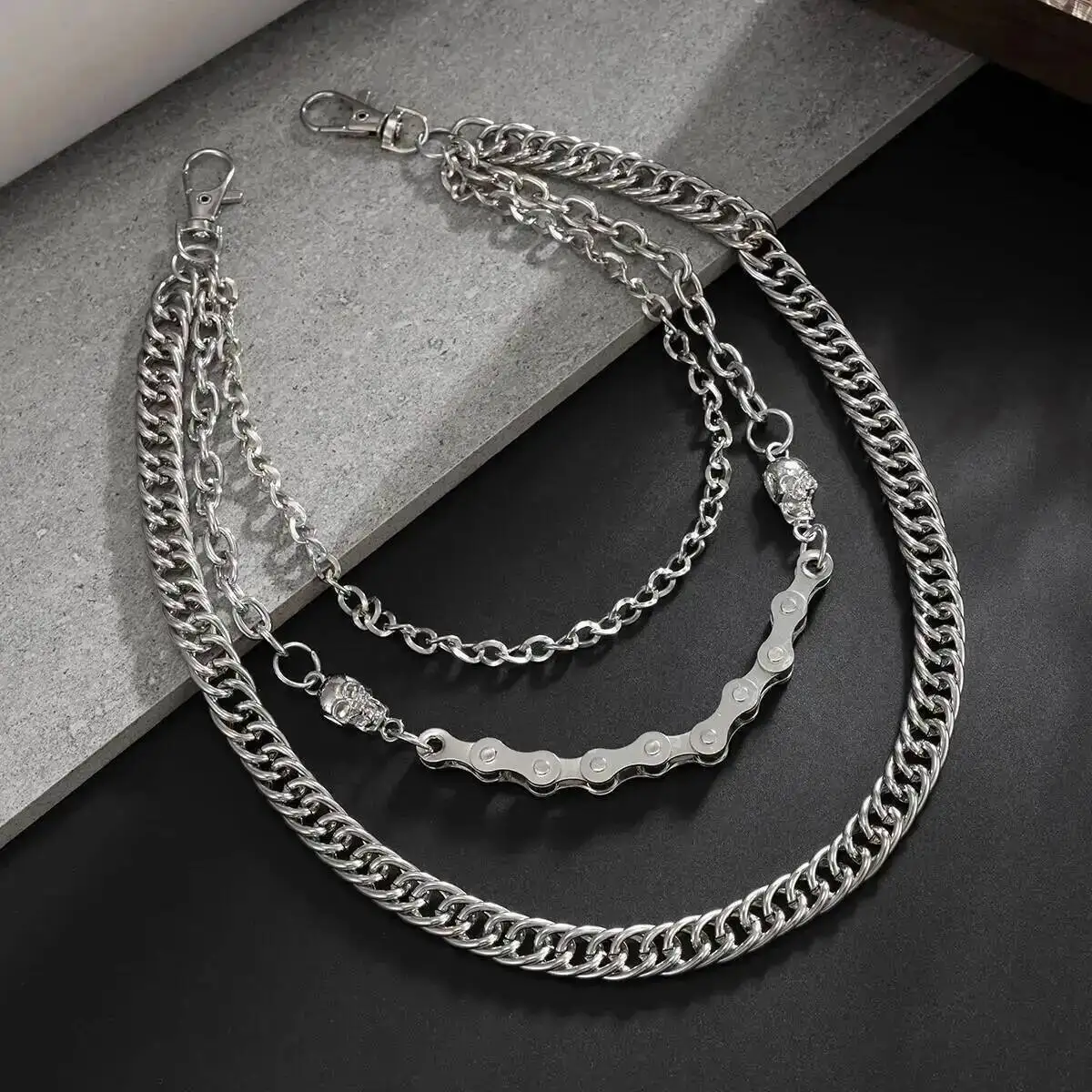 القوطي 2 أنماط متعدد الطبقات فضي اللون الجمجمة سلسلة الخصر حزام على شكل سلسلة بنطلون سلسلة الرجال الهيب هوب الجينز سلسلة مجوهرات