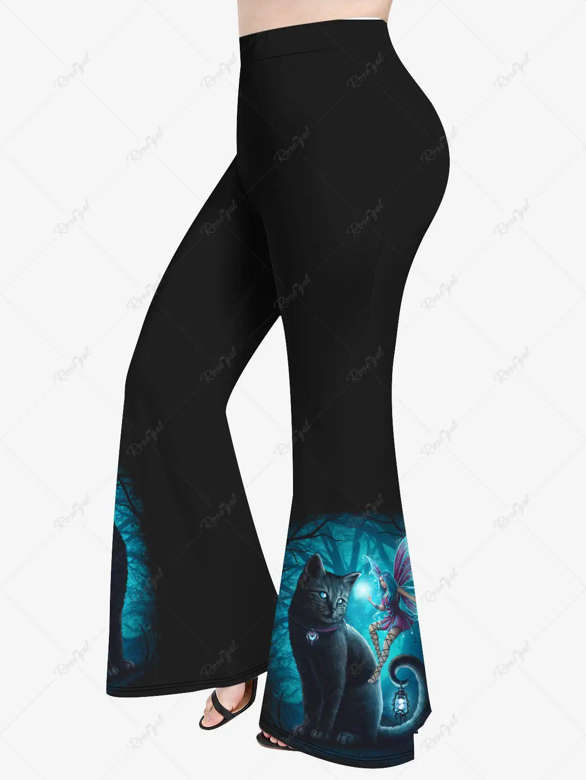 Plus Size Printed Halloween T-shirt Or Flare Pants Women\'s Casual Cat Butterfly Angel Tree Moon Glitter Tee Or Wide-leg Pants