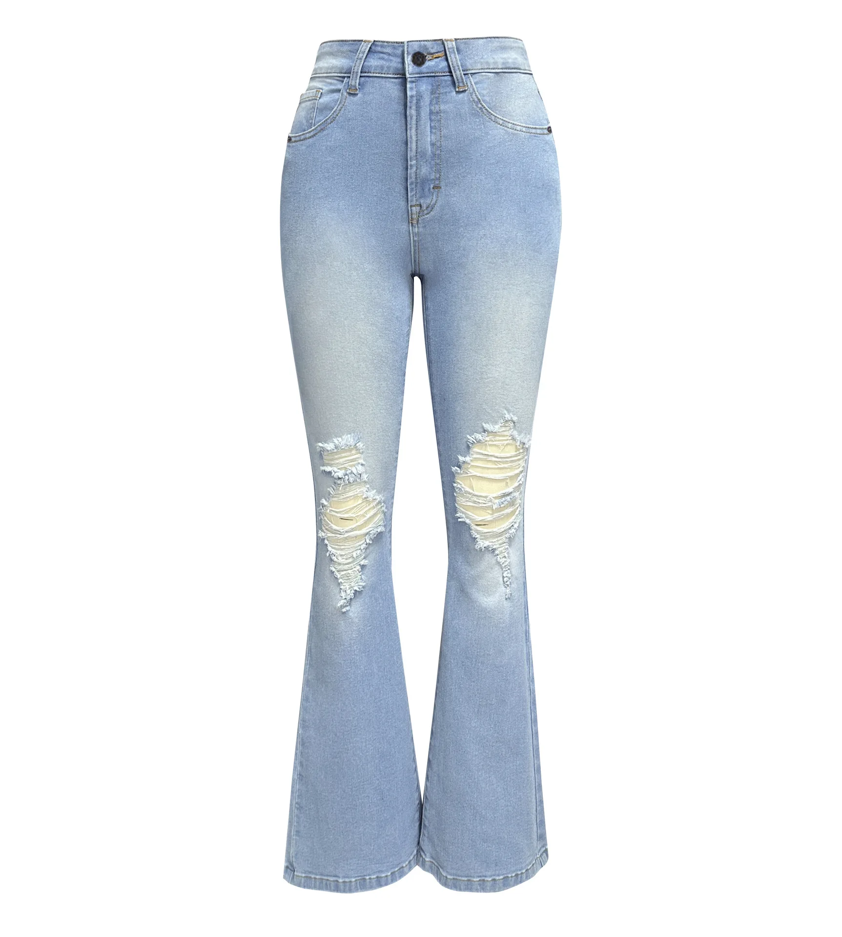 Blauwe Jeans Voor Vrouwen Broek Jeans Casual Lange Flare Broek Slanke Hoge Taille Gat Denim Broek Knoop Y 2K Lente 2024