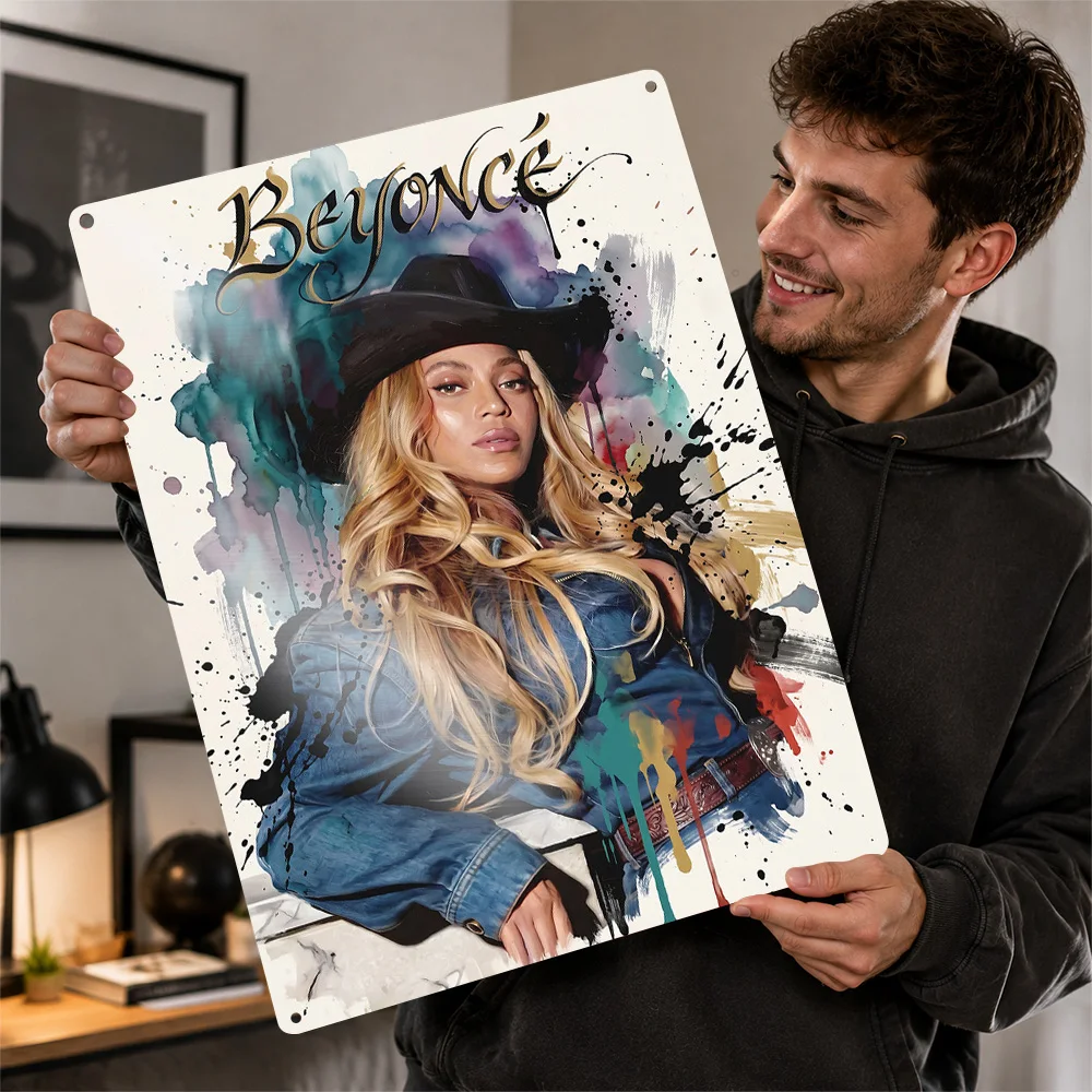 Beyoncé Cowboy Hat Watercolor Portrait Aluminum Poster Personalized Metal Sign Chart Topper Style Wall Art Enhances Music Room