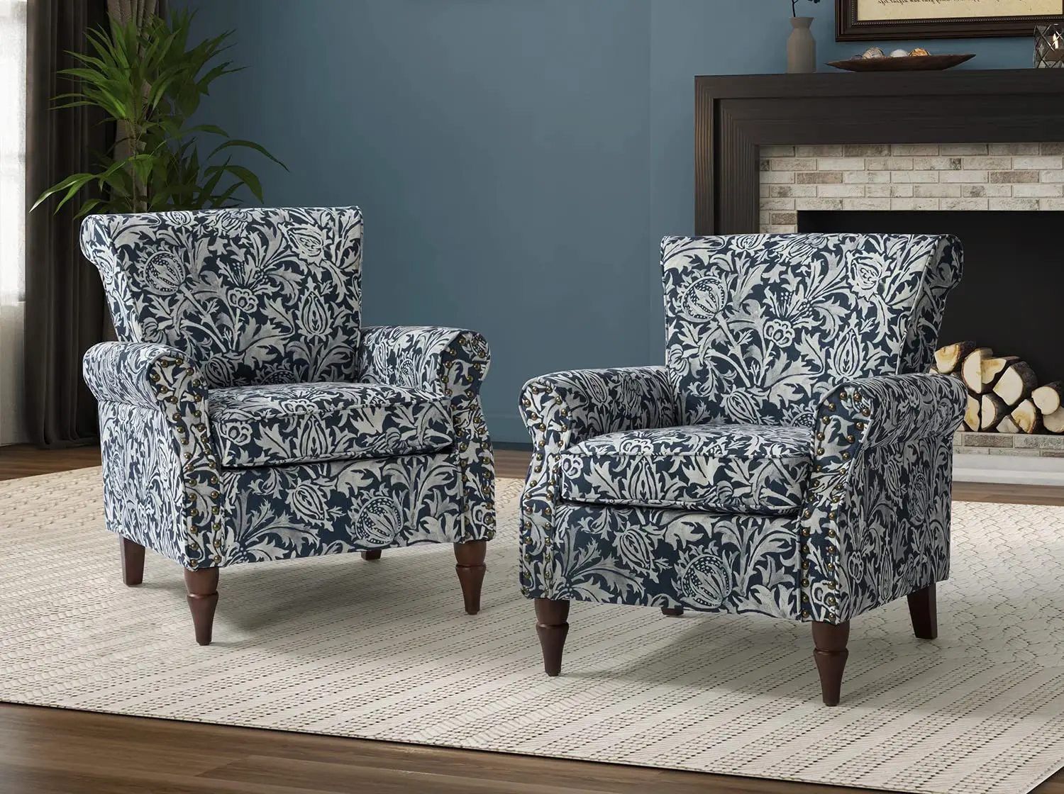 Navy Wingback Chair Set of 2 Wood Legs Removable Cushion, Upholstered Armchair Nailhead Trim Floral Pattern Living Room Bedroom