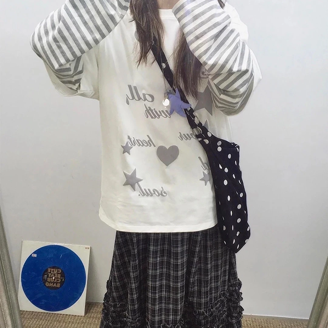 American Vintage Long Sleeve T-Shirt Kawaii Women Casual Fake Two-Piece Top Striped Striped Print Patchwork Autumn Winter Tops
