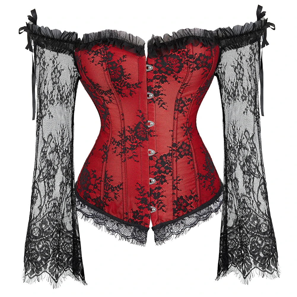 Long Floral Sleeves Women Gothic Victorian Corset Vintage Lace Up Boned Bustier Top Off Shoulder Overbust Corset