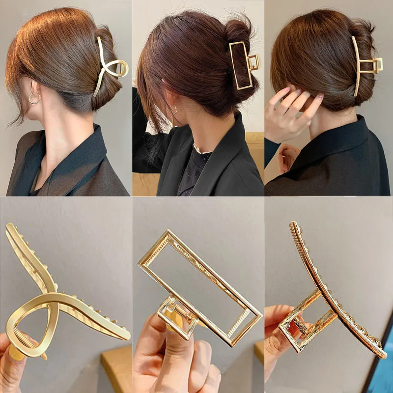 2022 New Women Elegant Gold Silver Hair Clip Hollow Geometric Metal Hair Claw Headband Crab Hair Clips Fashion Hair Accessories