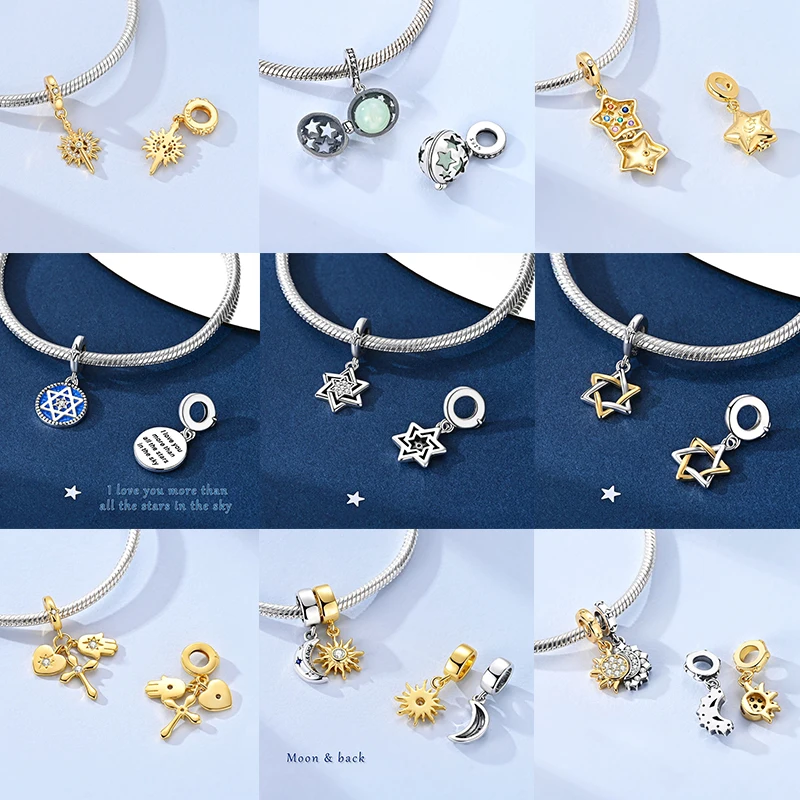 925 Sterling Silber Sonne Sternenhimmel Charms Serie Gold Sonne Sterne Mond Anhänger Passend für Armband DIY Schmuck Original Mode für Frauen – Detail 10
