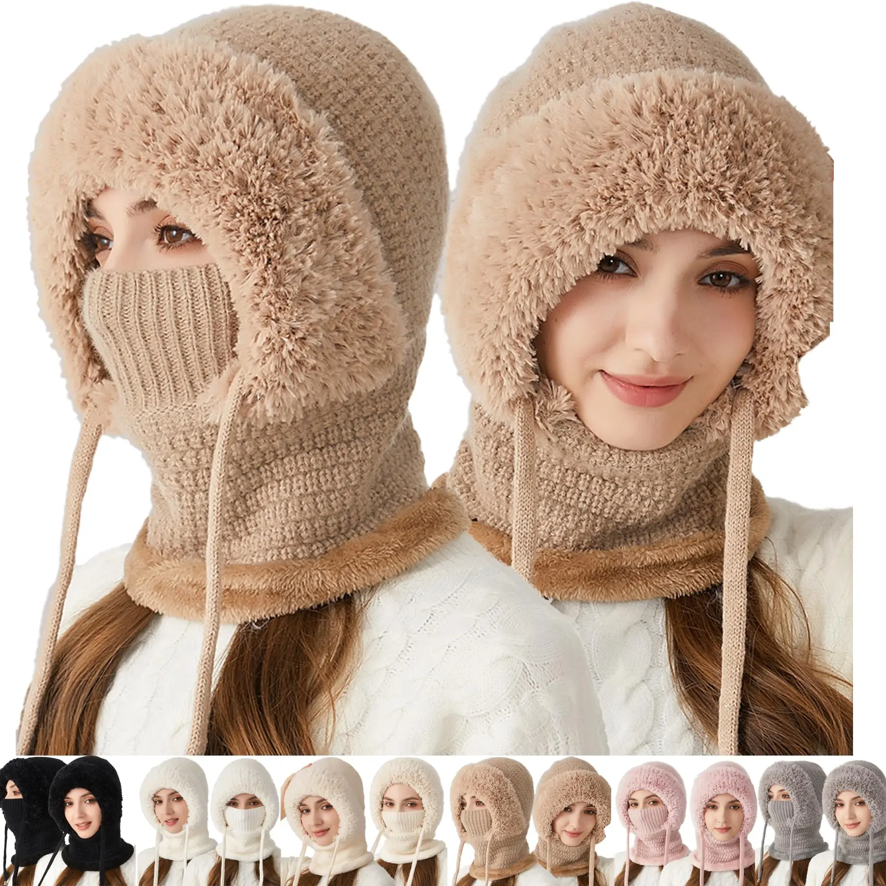 

Mask Scarf All-in-One Hat Women's Adult Outdoor Riding Warm Knitted Spandex/Polyester Image Velvet Ear Protection One-piece Cap