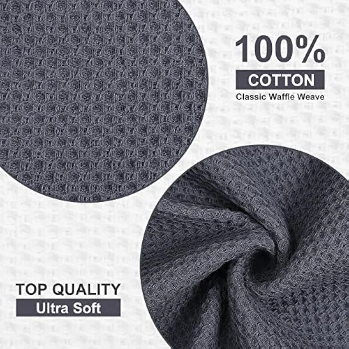 100% Cotton Waffle 6-Pack Kitchen Towels, 12' x 12', Dark Grey