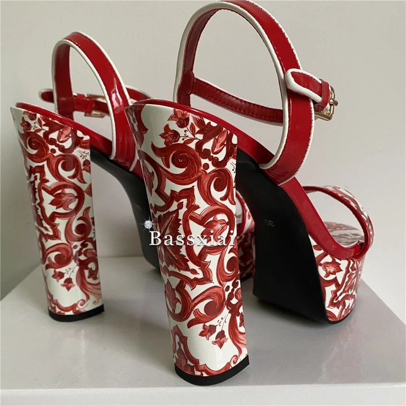 High Platform Chunky Heel Sandals Women Ankle Strap Print Flower Luxury Patent Leather Summer Shoes For Girls image 6