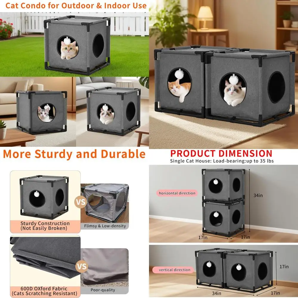 

Large Velvet-Padded Cat Cave Bed with Toy Ball, Stable Indoor Kitty Shelter, Multi-Functional Grey Cat Furniture