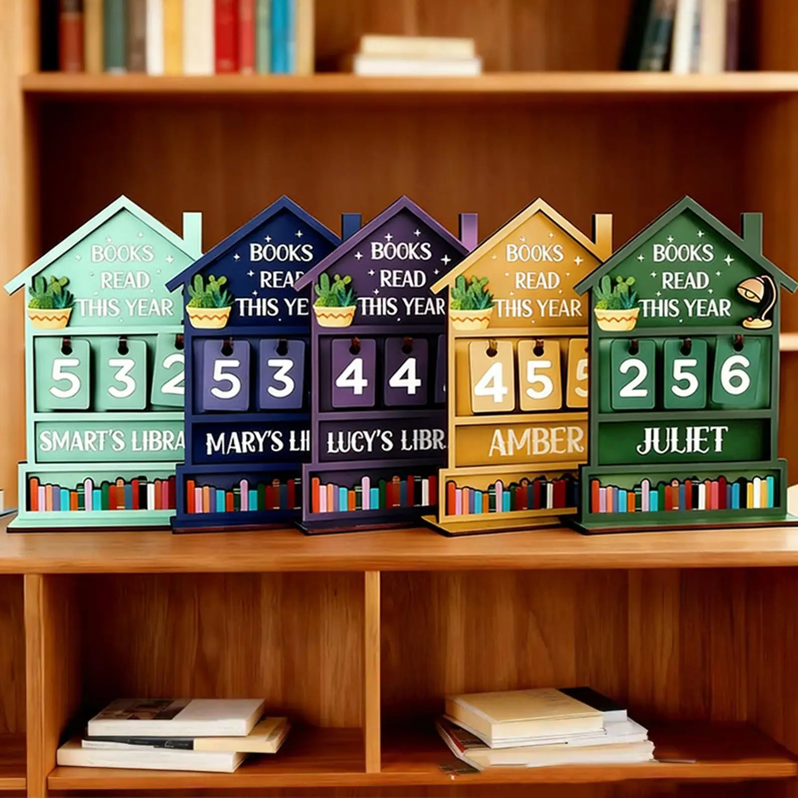 Wooden Books Read Tracker Manual Reading Progress Display Book Counter Sign for Shelf Desk Table Display Office Library Decor