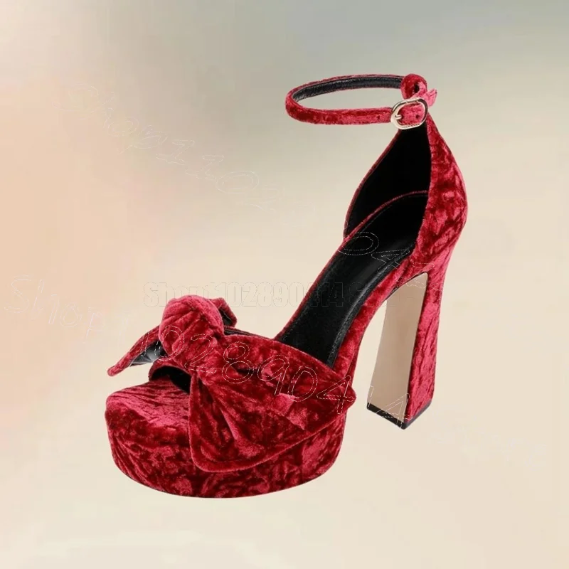 

Красные вельветовые босоножки на платформе с бантом и ремешком на пряжке, женские туфли на массивном высоком каблуке для вечеринок и свиданий, 2026 Zapatos Para Mujeres