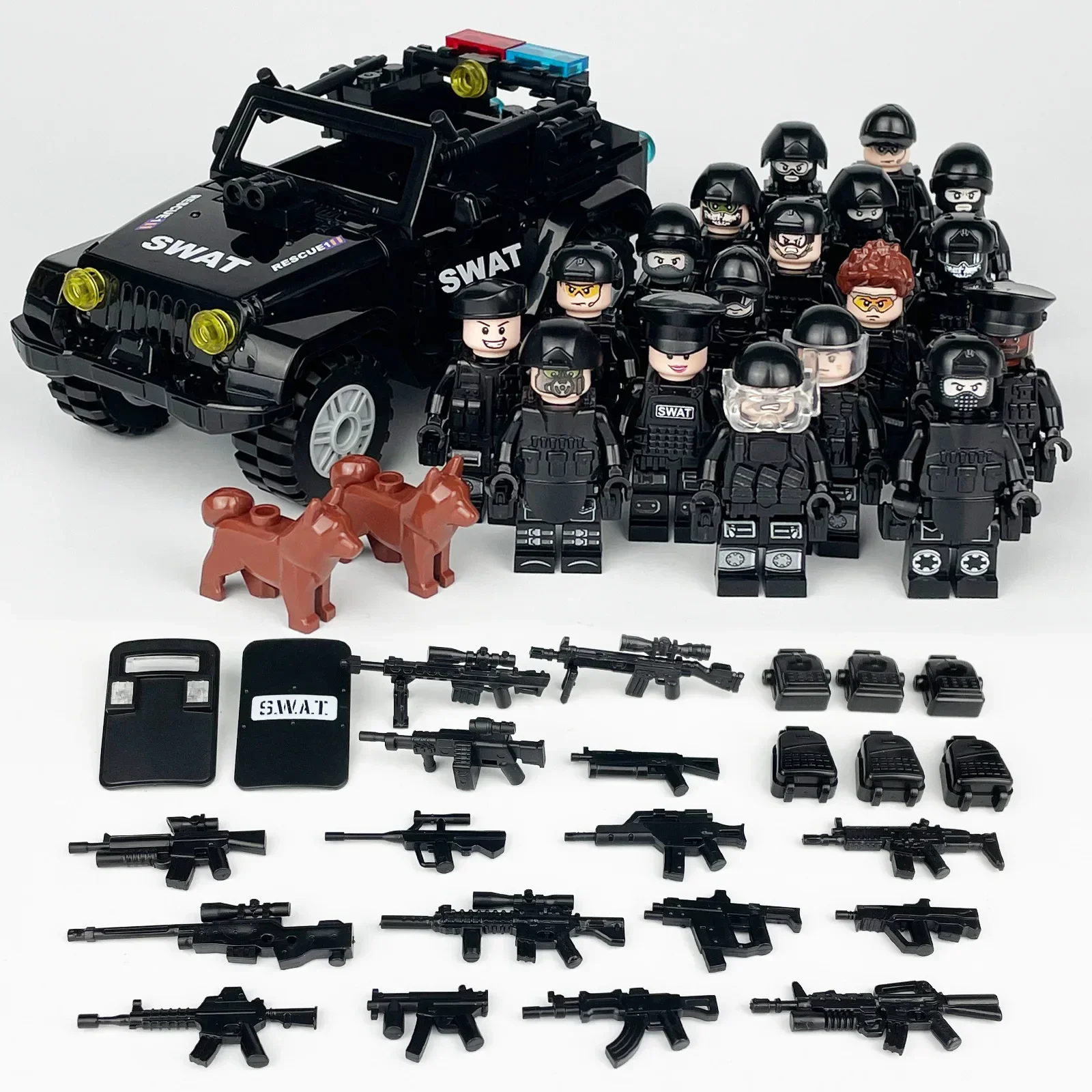 Décennie s de construction de figurines des forces spéciales militaires de la Seconde Guerre mondiale, soldat moderne, voiture de police, SWAT,