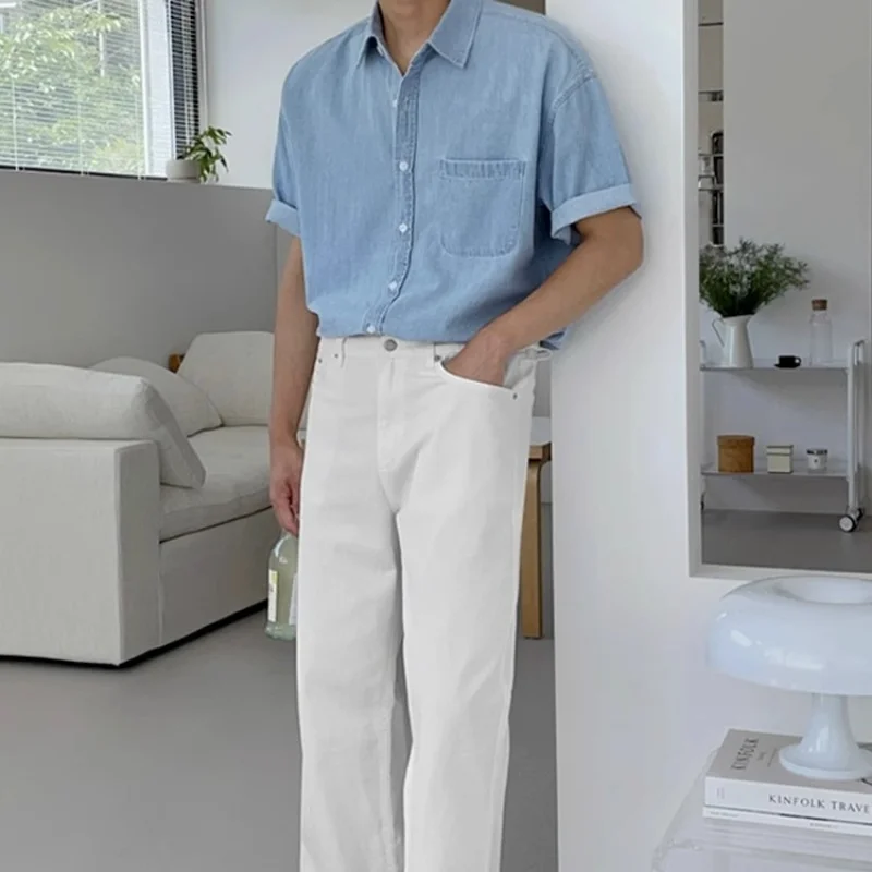 Men's Cotton Denim Shirt, Single Color Single Pocket Casual short-sleeved Shirt High Quality Lite Slim Fit Cowboys