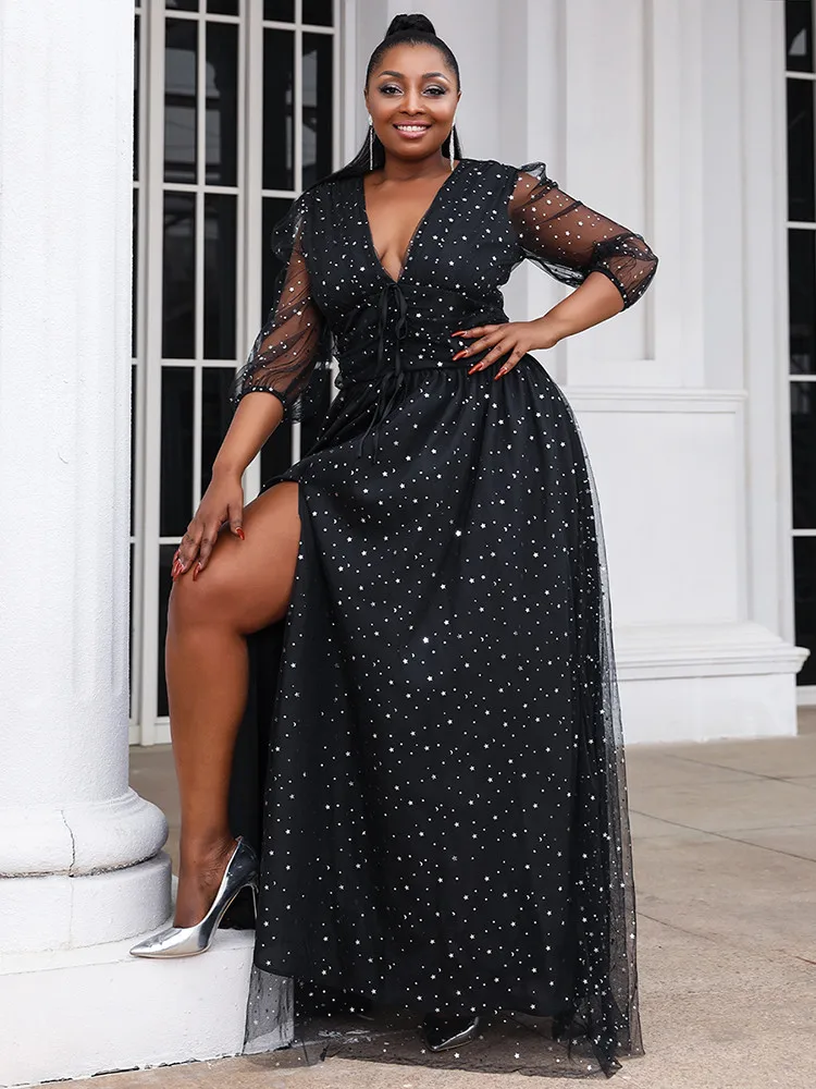 Missord Women Polka Dot Plus Size Dress Summer V Neck Long Sleeves Thigh Split A-line Beach Party Prom Dresses Black Ball Gown