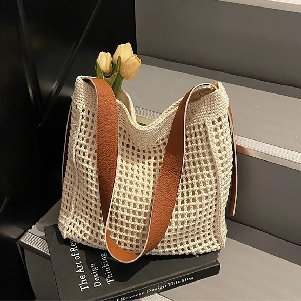 

Spring Summer Woven One Shoulder Bag Women's Large Capacity Soft Zipper Tote Handbags Versatile Daily All-Match Crossbody Bags