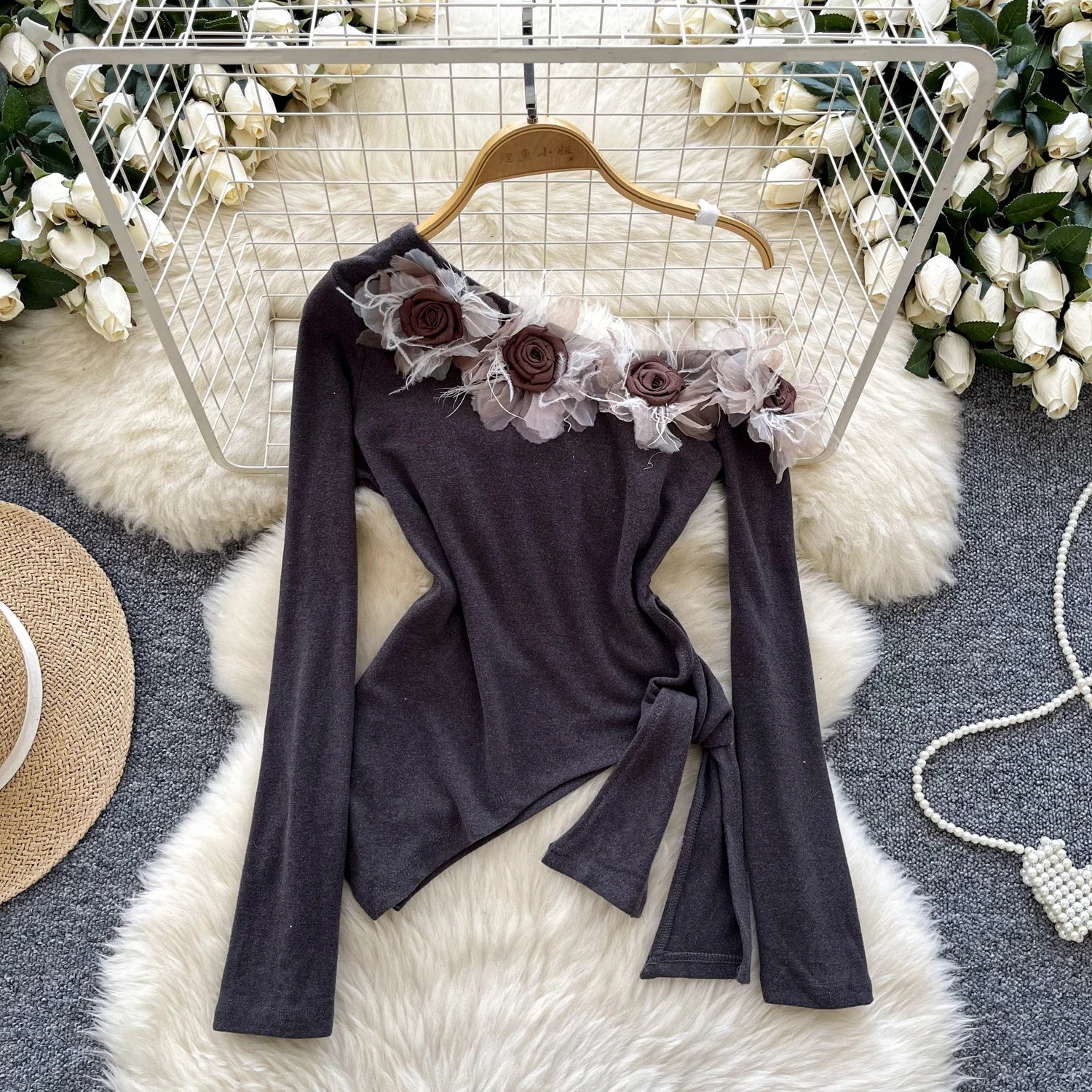Vintage Diagonal Collar Elegant Three-dimensional Floral Chic Slim Asymmetrical Top Women Sexy Korean High Street Autumn Blouse